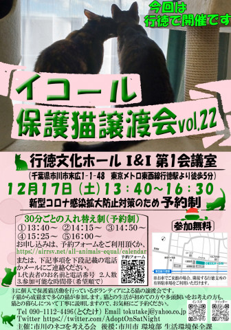 40頭前後【千葉県市川市】イコール保護猫譲渡会vol.22