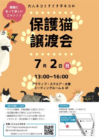 【アクティブスクエア大東】保護猫　第40回おとな猫の譲渡会