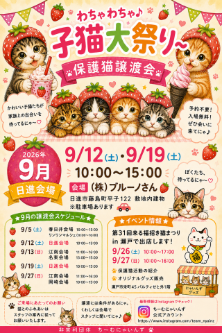 in日進市☆子猫祭り☆保護猫達を暖かいオウチに迎えよう☆2026年9月19日（土）～ 非営利団体「ちーむ にゃいんず」